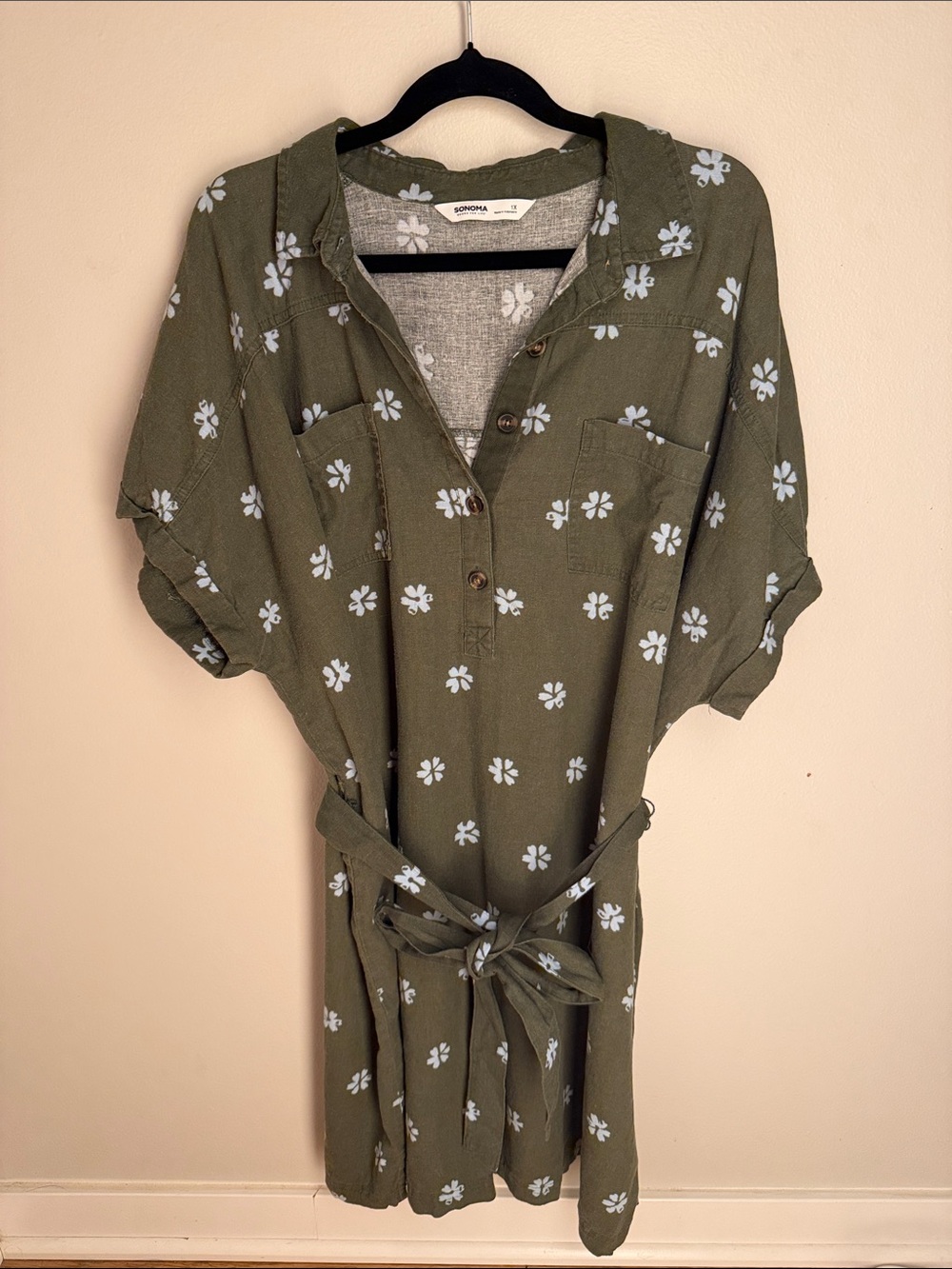 Sonoma Olive Green Floral Button-Front Shirt Dress